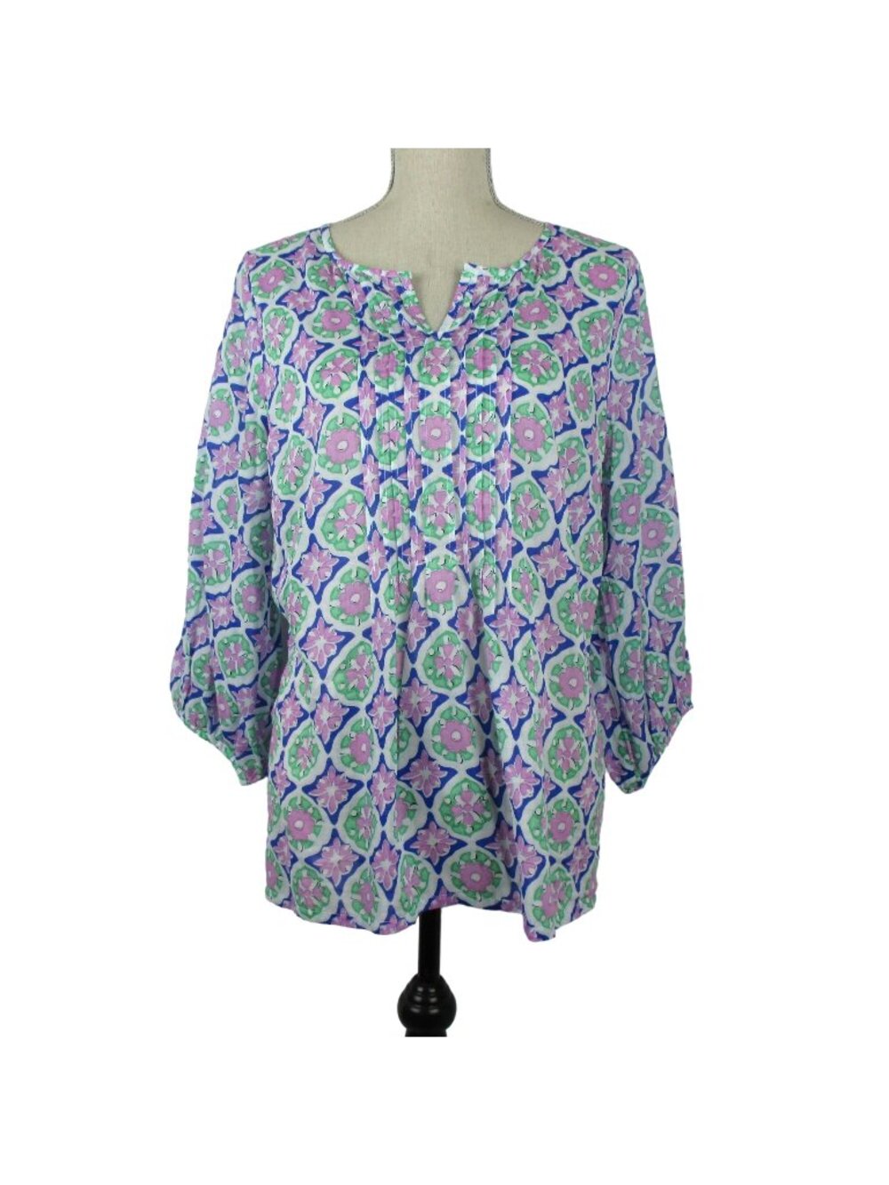 Talbots Floral Print Blouse Top Split V-Neck Lightweight Cotton Size LP Summer